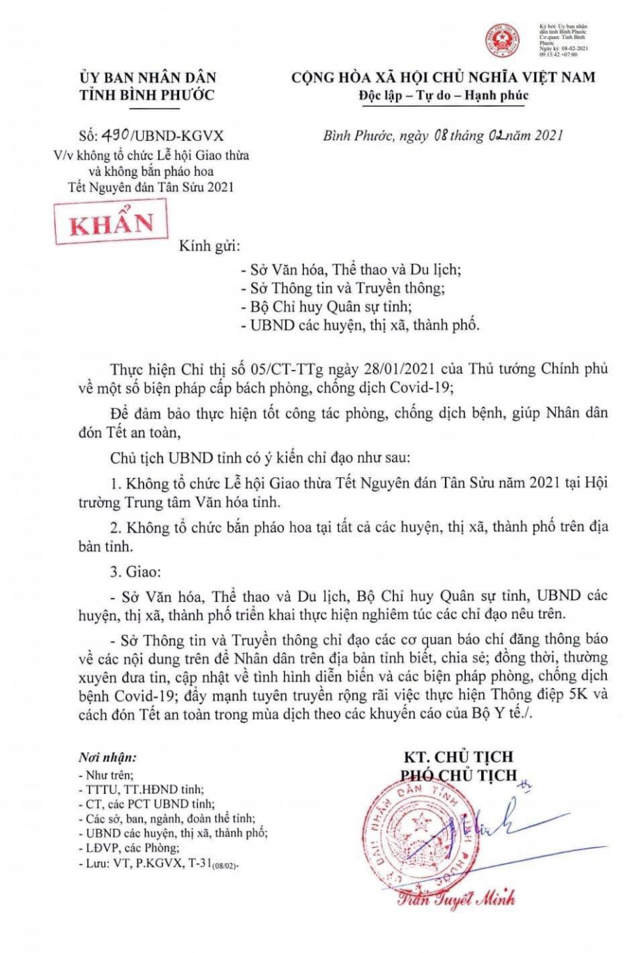 Công văn 490/UBND-KGVX ngày 08/02/2021 của UBND tỉnh về việc không tổ chức Lễ hội giao thừa